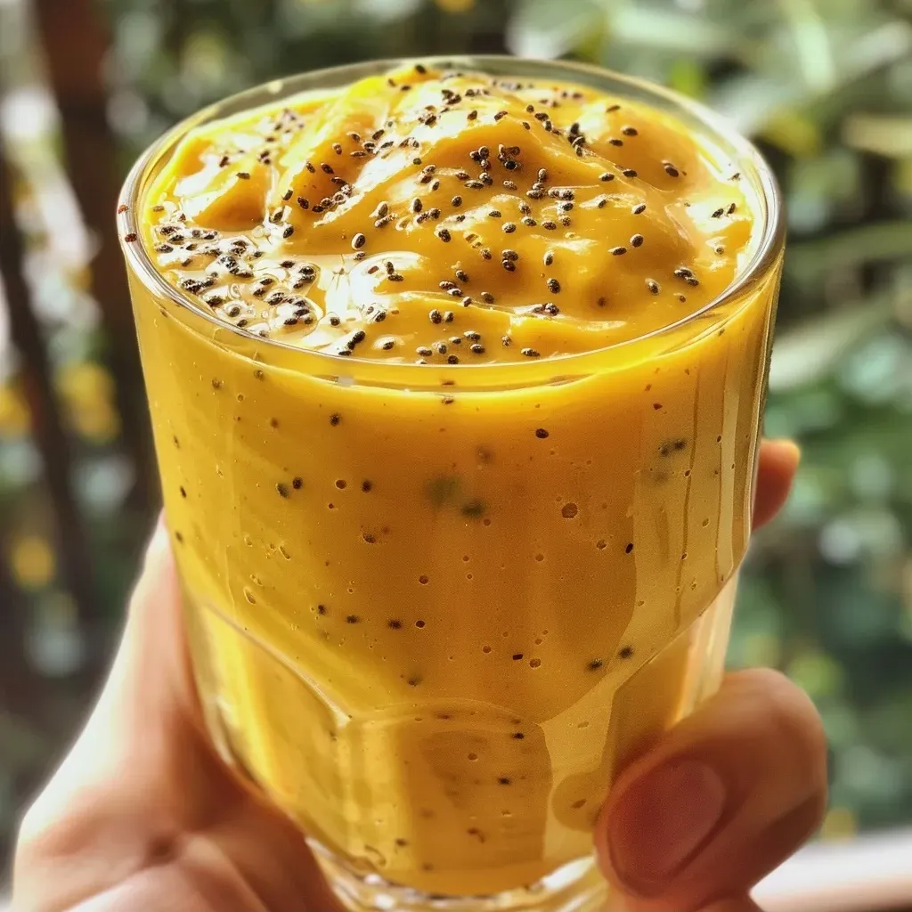 ['Close-up of a vibrant yellow mango turmeric smoothie in a glass.', 'Side view of a creamy mango smoothie with a dash of turmeric.', 'Delicious golden smoothie with mango and turmeric, served in a clear glass.', 'Thick mango turmeric smoothie in a short glass, highlighted against a blurred background.']