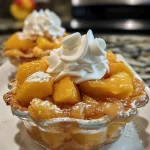 ['Close-up view of mini peach cobbler dessert cups topped with whipped cream.', 'Side view of several mini peach cobbler dessert cups, showcasing peaches and cream.', 'Detailed shot of individual mini peach cobbler dessert cups, filled with peaches and buttery topping.', 'Artistic view of mini peach cobbler dessert cups arranged on a plate, with fresh peach slices.']