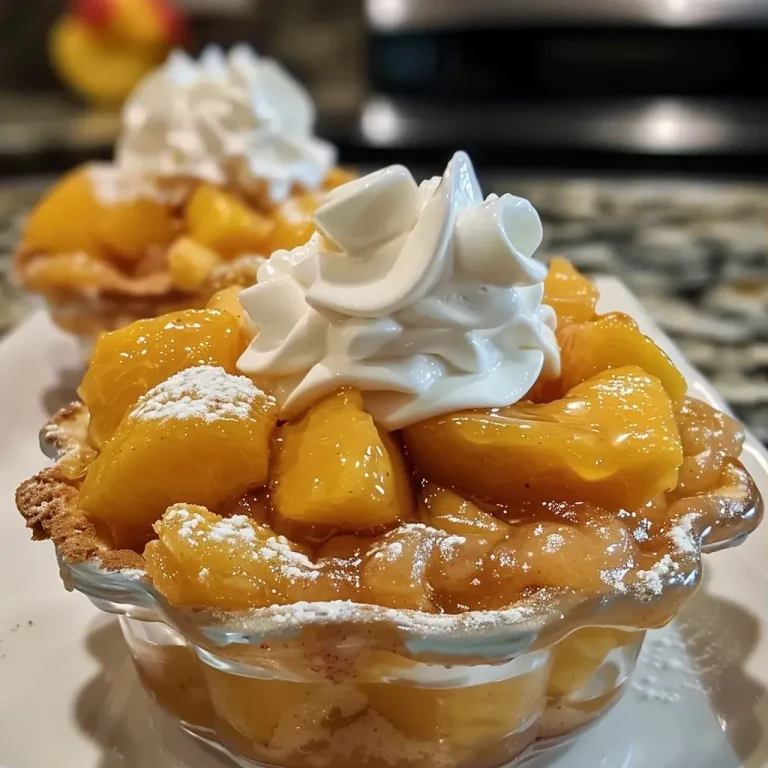 ['Close-up view of mini peach cobbler dessert cups topped with whipped cream.', 'Side view of several mini peach cobbler dessert cups, showcasing peaches and cream.', 'Detailed shot of individual mini peach cobbler dessert cups, filled with peaches and buttery topping.', 'Artistic view of mini peach cobbler dessert cups arranged on a plate, with fresh peach slices.']