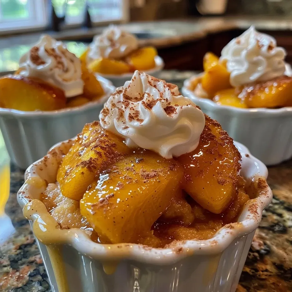 ['Close-up view of mini peach cobbler dessert cups topped with whipped cream.', 'Side view of several mini peach cobbler dessert cups, showcasing peaches and cream.', 'Detailed shot of individual mini peach cobbler dessert cups, filled with peaches and buttery topping.', 'Artistic view of mini peach cobbler dessert cups arranged on a plate, with fresh peach slices.']