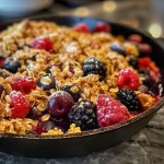 ['Close-up view of a bubbling Mixed Berry Skillet Crisp topped with vanilla ice cream.', 'Juicy Mixed Berry Skillet Crisp in a skillet with a scoop of melting ice cream on top.', 'Side view of a mixed berry dessert in a skillet, showcasing fresh fruit and a golden topping.', 'Artistic shot of Mixed Berry Skillet Crisp with vibrant berries and a dollop of ice cream.']
