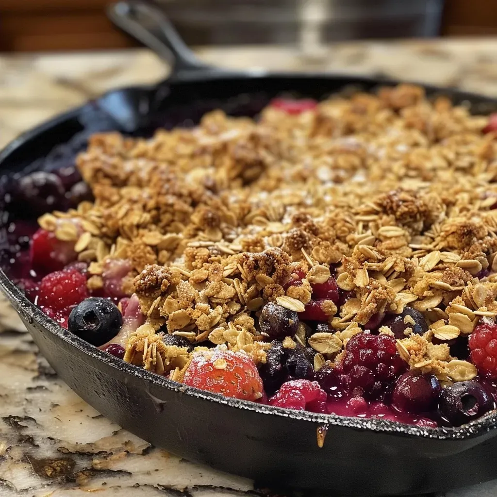 ['Close-up view of a bubbling Mixed Berry Skillet Crisp topped with vanilla ice cream.', 'Juicy Mixed Berry Skillet Crisp in a skillet with a scoop of melting ice cream on top.', 'Side view of a mixed berry dessert in a skillet, showcasing fresh fruit and a golden topping.', 'Artistic shot of Mixed Berry Skillet Crisp with vibrant berries and a dollop of ice cream.']
