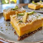 ['Close-up view of No-Bake Mango Cheesecake Bars with a golden mango layer on top and a coconut crust.', 'Side view of vegan and gluten-free No-Bake Mango Cheesecake Bars showing creamy texture and vibrant color.', 'Delicious No-Bake Mango Cheesecake Bars with a smooth mango topping, garnished with lime zest.', 'A slice of No-Bake Mango Cheesecake Bars highlighting the layered texture with toasted coconut flakes.']