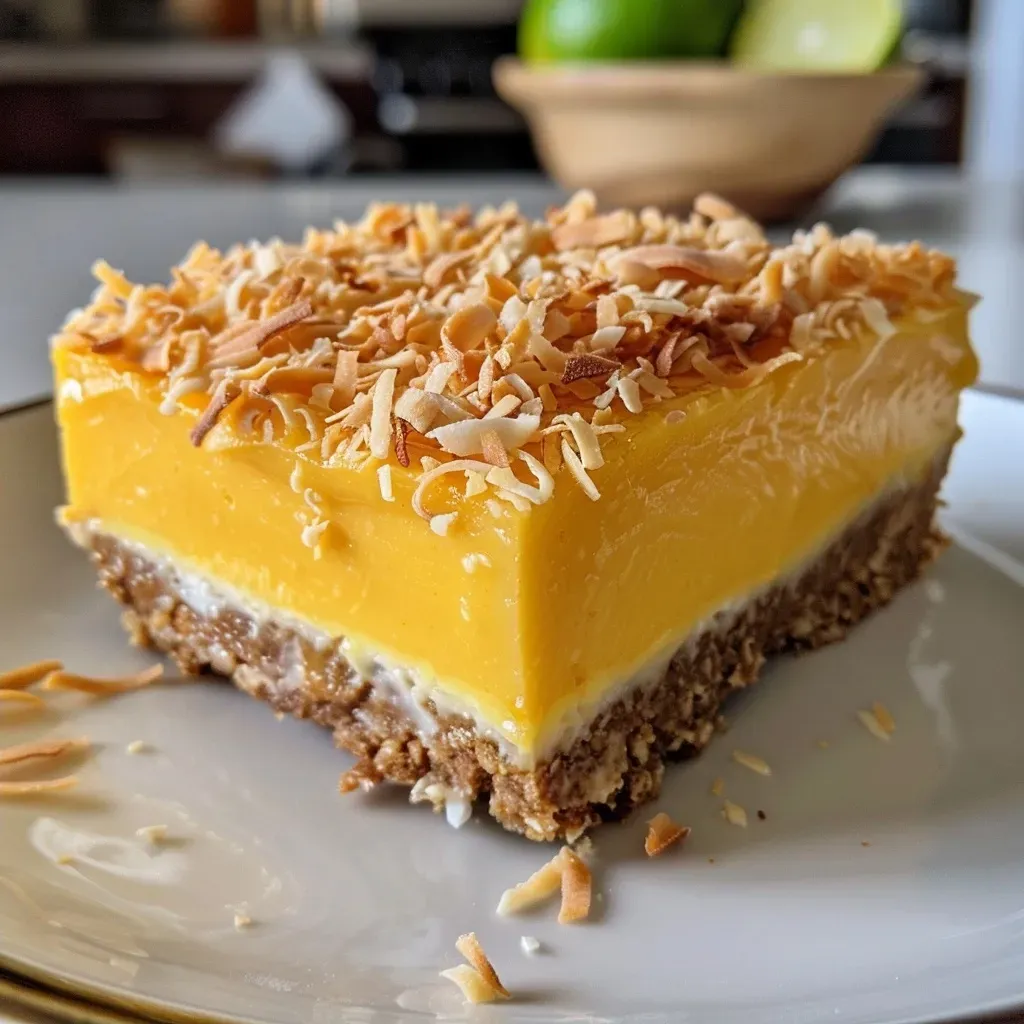 ['Close-up view of No-Bake Mango Cheesecake Bars with a golden mango layer on top and a coconut crust.', 'Side view of vegan and gluten-free No-Bake Mango Cheesecake Bars showing creamy texture and vibrant color.', 'Delicious No-Bake Mango Cheesecake Bars with a smooth mango topping, garnished with lime zest.', 'A slice of No-Bake Mango Cheesecake Bars highlighting the layered texture with toasted coconut flakes.']