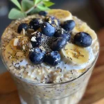 ['Close-up view of overnight oats topped with yogurt and fresh blueberries in a glass jar.', 'Side view of a serving of overnight oats with yogurt, chia seeds, and blueberries in a clear bowl.', 'Delicious overnight oats layered with Greek yogurt and scattered blueberries in a rustic setting.', 'Vibrant display of overnight oats featuring yogurt and blueberries, captured in natural light.']