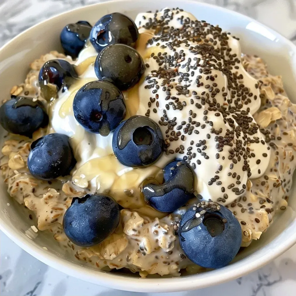 ['Close-up view of overnight oats topped with yogurt and fresh blueberries in a glass jar.', 'Side view of a serving of overnight oats with yogurt, chia seeds, and blueberries in a clear bowl.', 'Delicious overnight oats layered with Greek yogurt and scattered blueberries in a rustic setting.', 'Vibrant display of overnight oats featuring yogurt and blueberries, captured in natural light.']