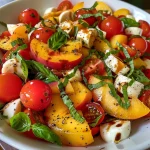 ['A close-up view of a Chopped Peach Caprese Salad with colorful ingredients.', 'Juicy peaches, cherry tomatoes, basil, and mozzarella pearls arranged in a salad.', 'Fresh Caprese salad featuring diced peaches, tomatoes, and mozzarella in a bowl.', 'A vibrant salad of peaches and mozzarella garnished with basil leaves.']