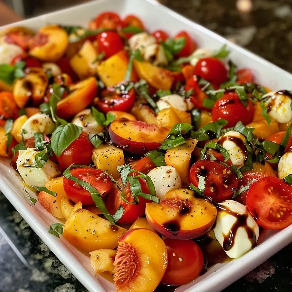 ['A close-up view of a Chopped Peach Caprese Salad with colorful ingredients.', 'Juicy peaches, cherry tomatoes, basil, and mozzarella pearls arranged in a salad.', 'Fresh Caprese salad featuring diced peaches, tomatoes, and mozzarella in a bowl.', 'A vibrant salad of peaches and mozzarella garnished with basil leaves.']