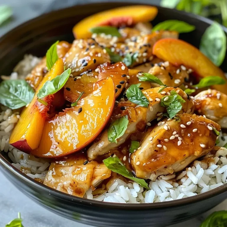 ['Close-up view of juicy Peach Chicken garnished with slices of yellow peach.', 'Side view of succulent chicken thighs topped with fresh peach slices and a honey glaze.', 'Detailed shot of Peach Chicken with a glossy finish, showcasing colorful peach slices.', 'Appetizing close-up of marinated chicken thighs with vibrant peach and lemon accents.']
