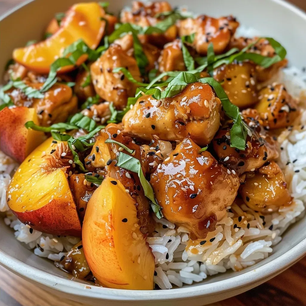 ['Close-up view of juicy Peach Chicken garnished with slices of yellow peach.', 'Side view of succulent chicken thighs topped with fresh peach slices and a honey glaze.', 'Detailed shot of Peach Chicken with a glossy finish, showcasing colorful peach slices.', 'Appetizing close-up of marinated chicken thighs with vibrant peach and lemon accents.']