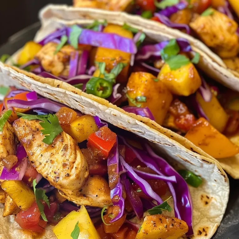 ['Close-up view of Peach Chipotle Chicken Tacos with two ripe peaches and vibrant toppings.', 'Side view of juicy Peach Chipotle Chicken Tacos, featuring sliced jalapenos and cabbage.', 'A detailed shot of Peach Chipotle Chicken Tacos served on corn tortillas with cilantro and lime.', 'Freshly made Peach Chipotle Chicken Tacos, garnished with green onions and peach slices.']