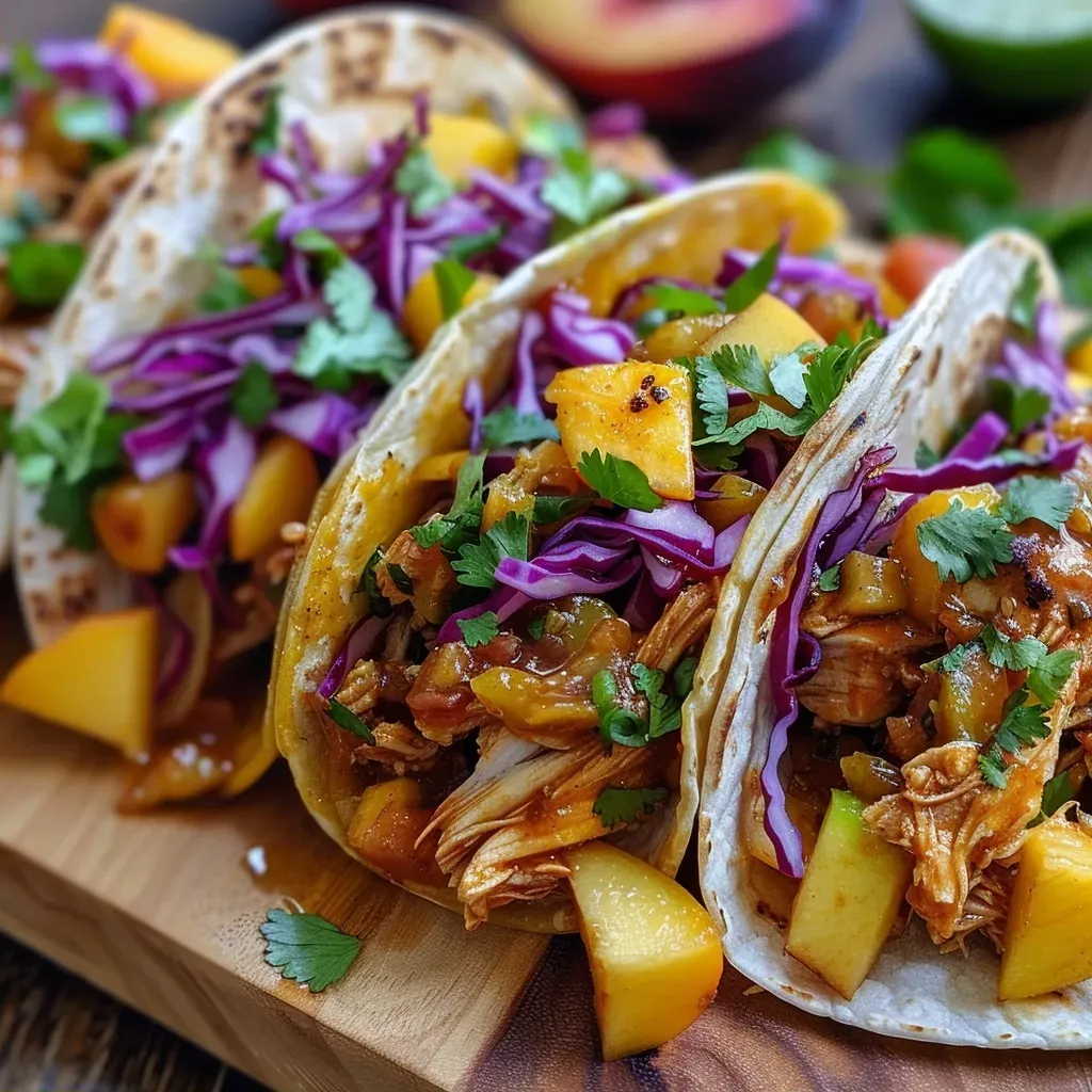 ['Close-up view of Peach Chipotle Chicken Tacos with two ripe peaches and vibrant toppings.', 'Side view of juicy Peach Chipotle Chicken Tacos, featuring sliced jalapenos and cabbage.', 'A detailed shot of Peach Chipotle Chicken Tacos served on corn tortillas with cilantro and lime.', 'Freshly made Peach Chipotle Chicken Tacos, garnished with green onions and peach slices.']