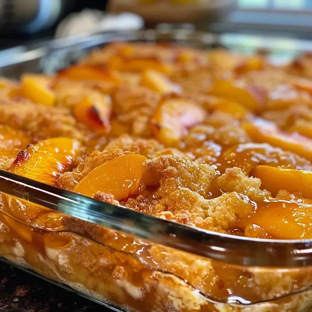 ['Close-up view of a slice of Peach Cobbler Dump Cake topped with a scoop of vanilla ice cream.', 'Side angle of a warm Peach Cobbler Dump Cake with juicy peach slices and a buttery crust.', 'Delicious Peach Cobbler Dump Cake with melted butter drizzled on top, garnished with fresh peach slices.', 'Juicy Peach Cobbler Dump Cake served in a bowl with a scoop of vanilla ice cream melting on top.']