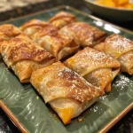 ['Close-up of crispy peach cobbler egg rolls with a golden-brown exterior.', 'Side view of freshly fried peach cobbler egg rolls dusted with powdered sugar.', 'Detailed shot of peach cobbler egg rolls, revealing the juicy peach filling inside.', 'Tantalizing peach cobbler egg rolls arranged on a plate with a dip of vanilla sauce.']