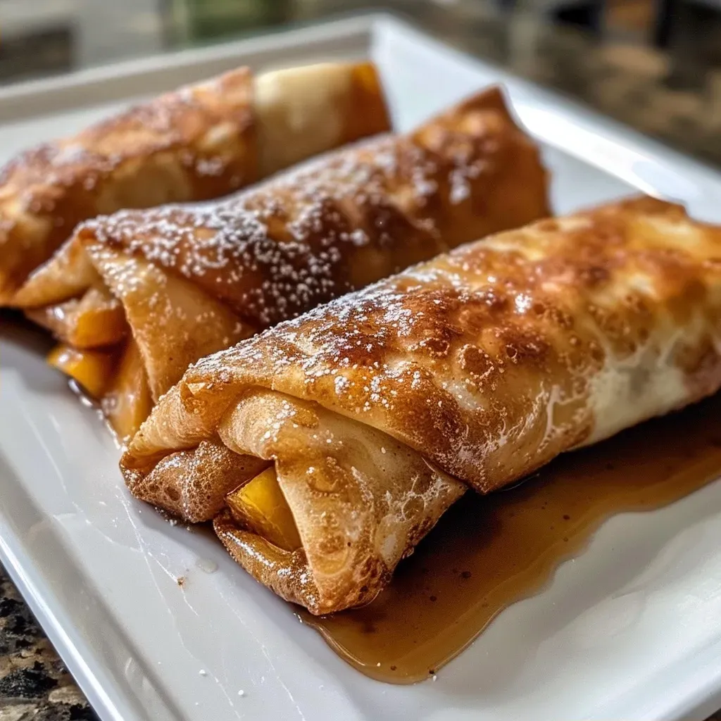 ['Close-up of crispy peach cobbler egg rolls with a golden-brown exterior.', 'Side view of freshly fried peach cobbler egg rolls dusted with powdered sugar.', 'Detailed shot of peach cobbler egg rolls, revealing the juicy peach filling inside.', 'Tantalizing peach cobbler egg rolls arranged on a plate with a dip of vanilla sauce.']