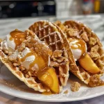 ['A close-up view of peach cobbler ice cream tacos in waffle shells topped with caramel and whipped cream.', 'Side view of waffle taco shells filled with peach ice cream, drizzled with caramel sauce, and garnished with whipped cream.', 'Juicy peach cobbler ice cream tacos on a plate, showcasing waffle shells and toppings of cinnamon and caramel.', 'Delicious peach cobbler ice cream tacos, featuring waffle shells and a side of whipped cream and caramel sauce.']