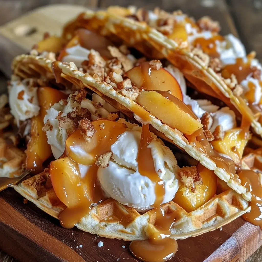 ['A close-up view of peach cobbler ice cream tacos in waffle shells topped with caramel and whipped cream.', 'Side view of waffle taco shells filled with peach ice cream, drizzled with caramel sauce, and garnished with whipped cream.', 'Juicy peach cobbler ice cream tacos on a plate, showcasing waffle shells and toppings of cinnamon and caramel.', 'Delicious peach cobbler ice cream tacos, featuring waffle shells and a side of whipped cream and caramel sauce.']