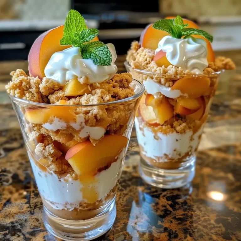 ['Close-up view of a Peach Cobbler Parfait layered in a clear glass.', 'Side view of a Peach Cobbler Parfait showcasing layers of peaches, cream, and crumble.', 'Delicious Peach Cobbler Parfait with fresh peach slices and mint garnish.', 'Creamy and fruity Peach Cobbler Parfait displayed in a modern glass cup.']