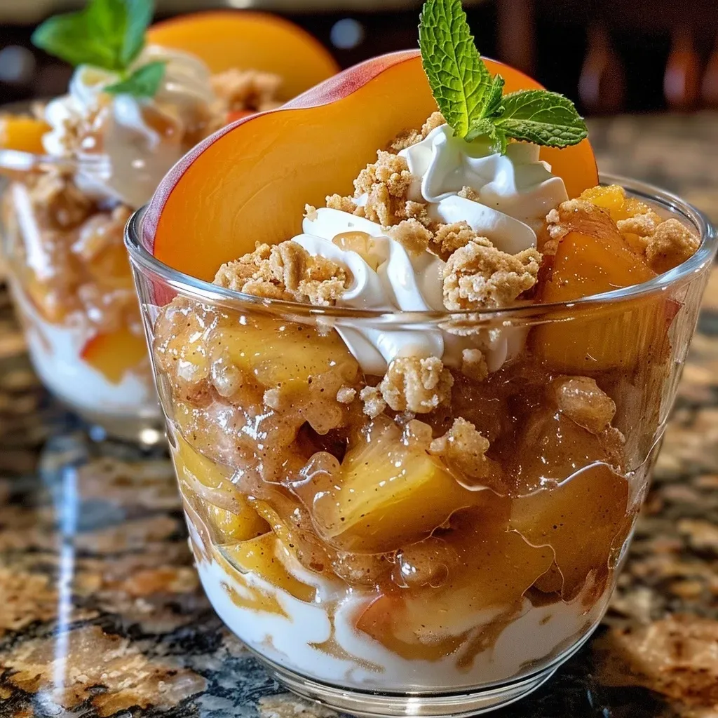 ['Close-up view of a Peach Cobbler Parfait layered in a clear glass.', 'Side view of a Peach Cobbler Parfait showcasing layers of peaches, cream, and crumble.', 'Delicious Peach Cobbler Parfait with fresh peach slices and mint garnish.', 'Creamy and fruity Peach Cobbler Parfait displayed in a modern glass cup.']