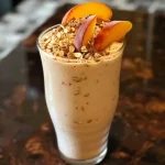 ['A close-up view of a creamy peach cobbler smoothie in a glass, topped with extra cinnamon.', 'Side view of a refreshing peach cobbler smoothie, showcasing its vibrant color and texture.', 'A detailed shot of a peach cobbler smoothie with garnishing cinnamon on top, displayed in a clear glass.', 'A luscious peach cobbler smoothie with a smooth surface and a sprinkle of cinnamon, captured from the side.']