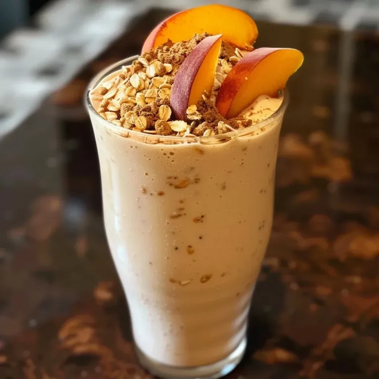 ['A close-up view of a creamy peach cobbler smoothie in a glass, topped with extra cinnamon.', 'Side view of a refreshing peach cobbler smoothie, showcasing its vibrant color and texture.', 'A detailed shot of a peach cobbler smoothie with garnishing cinnamon on top, displayed in a clear glass.', 'A luscious peach cobbler smoothie with a smooth surface and a sprinkle of cinnamon, captured from the side.']