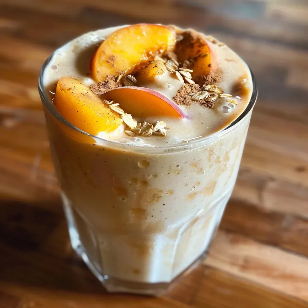 ['A close-up view of a creamy peach cobbler smoothie in a glass, topped with extra cinnamon.', 'Side view of a refreshing peach cobbler smoothie, showcasing its vibrant color and texture.', 'A detailed shot of a peach cobbler smoothie with garnishing cinnamon on top, displayed in a clear glass.', 'A luscious peach cobbler smoothie with a smooth surface and a sprinkle of cinnamon, captured from the side.']