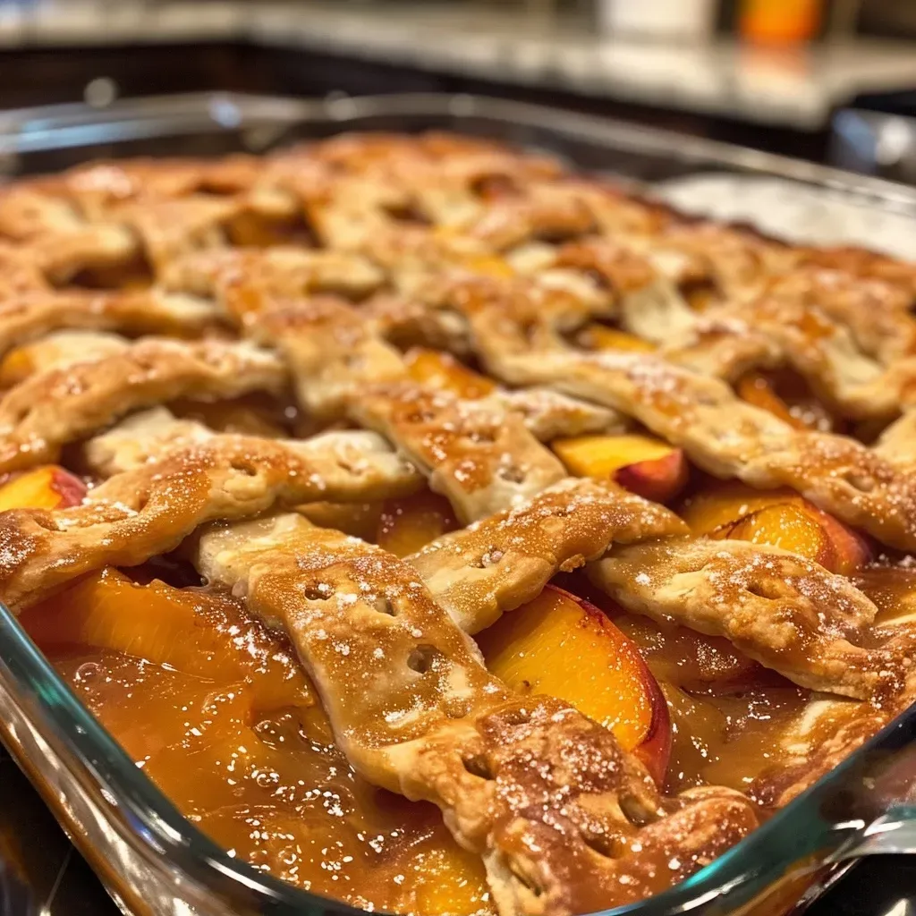 ['Close-up of a golden-brown peach cobbler with a lattice crust on a plate.', 'Side view of peach cobbler, showcasing the flaky lattice crust and juicy peach filling.', 'Slice of peach cobbler with a detailed lattice crust, highlighting the vibrant peach color inside.', 'Delicious peach cobbler with a decorative lattice top, revealing the peach filling.']