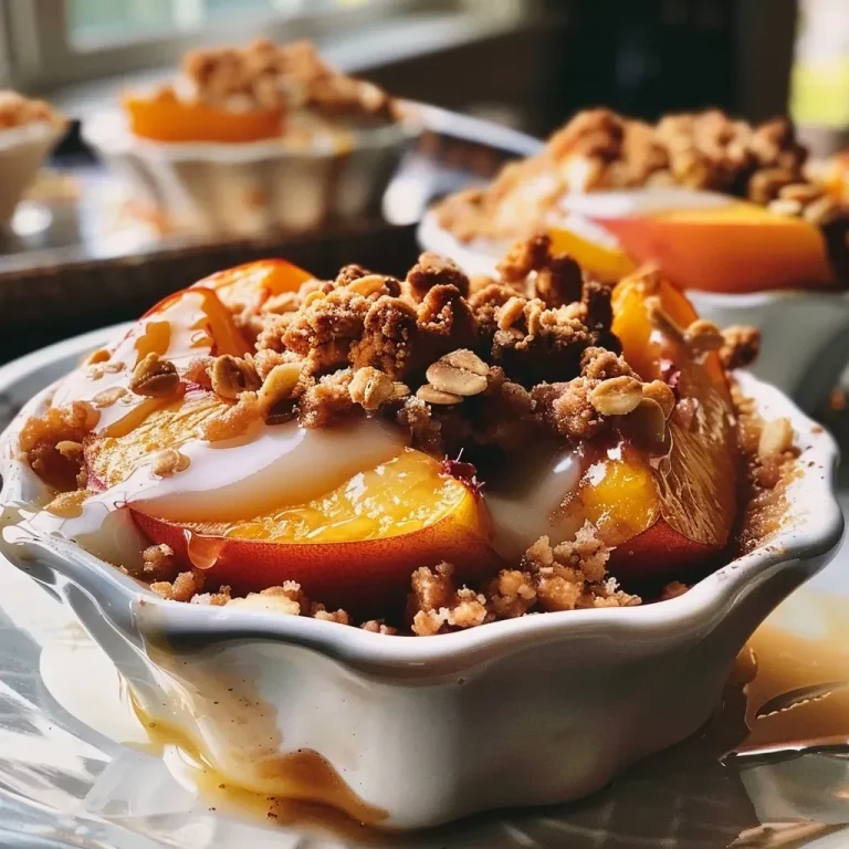 ['Individual dessert cups filled with peach crisp topped with a golden crumble.', 'Close-up view of peach crisp in clear cups, showcasing fresh peaches and crispy topping.', 'Side view of peach crisp dessert cups with visible layers of peaches and crumble.', 'Delicious peach crisp cups with a crumbly topping and fresh peach slices on display.']