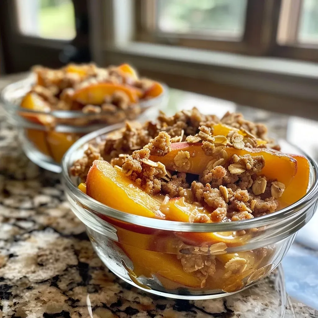 ['Individual dessert cups filled with peach crisp topped with a golden crumble.', 'Close-up view of peach crisp in clear cups, showcasing fresh peaches and crispy topping.', 'Side view of peach crisp dessert cups with visible layers of peaches and crumble.', 'Delicious peach crisp cups with a crumbly topping and fresh peach slices on display.']