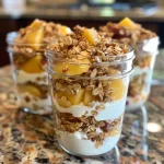 ['Close-up view of Peach Crisp Parfaits in small mason jars, showcasing layers of peach slices, granola, and yogurt.', 'Side view of colorful Peach Crisp Parfaits, displaying juicy peach slices and crunchy granola in a clear jar.', 'Layered dessert featuring Greek yogurt, sliced peaches, and granola in a small glass container.', 'Juicy Peach Crisp Parfaits in mason jars, highlighting the ingredients and textures of the dessert.']
