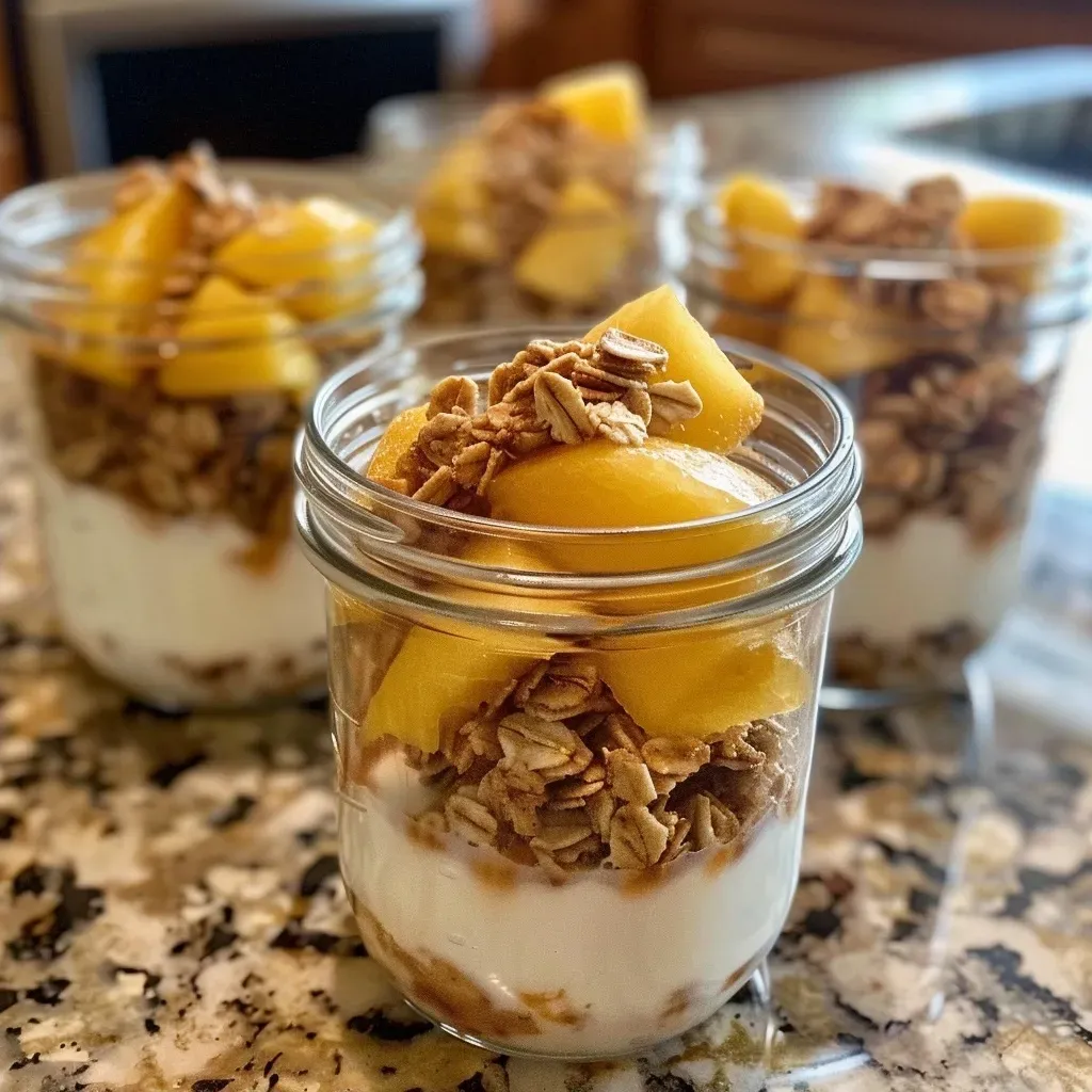 ['Close-up view of Peach Crisp Parfaits in small mason jars, showcasing layers of peach slices, granola, and yogurt.', 'Side view of colorful Peach Crisp Parfaits, displaying juicy peach slices and crunchy granola in a clear jar.', 'Layered dessert featuring Greek yogurt, sliced peaches, and granola in a small glass container.', 'Juicy Peach Crisp Parfaits in mason jars, highlighting the ingredients and textures of the dessert.']