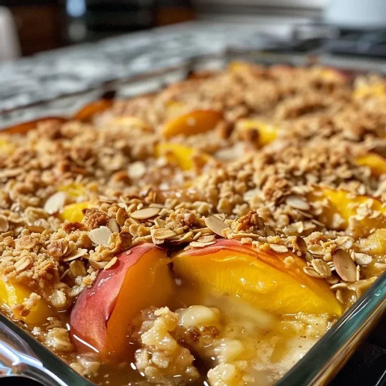 ['A close-up view of a peach crisp topped with a crunchy oat almond streusel.', 'Side view of a freshly baked peach crisp with a golden-brown topping.', 'Juicy peach crisp in a dish, showcasing its crumbly oat almond crust.', 'Detail shot of peach dessert with a textured streusel topping and peach slices.']