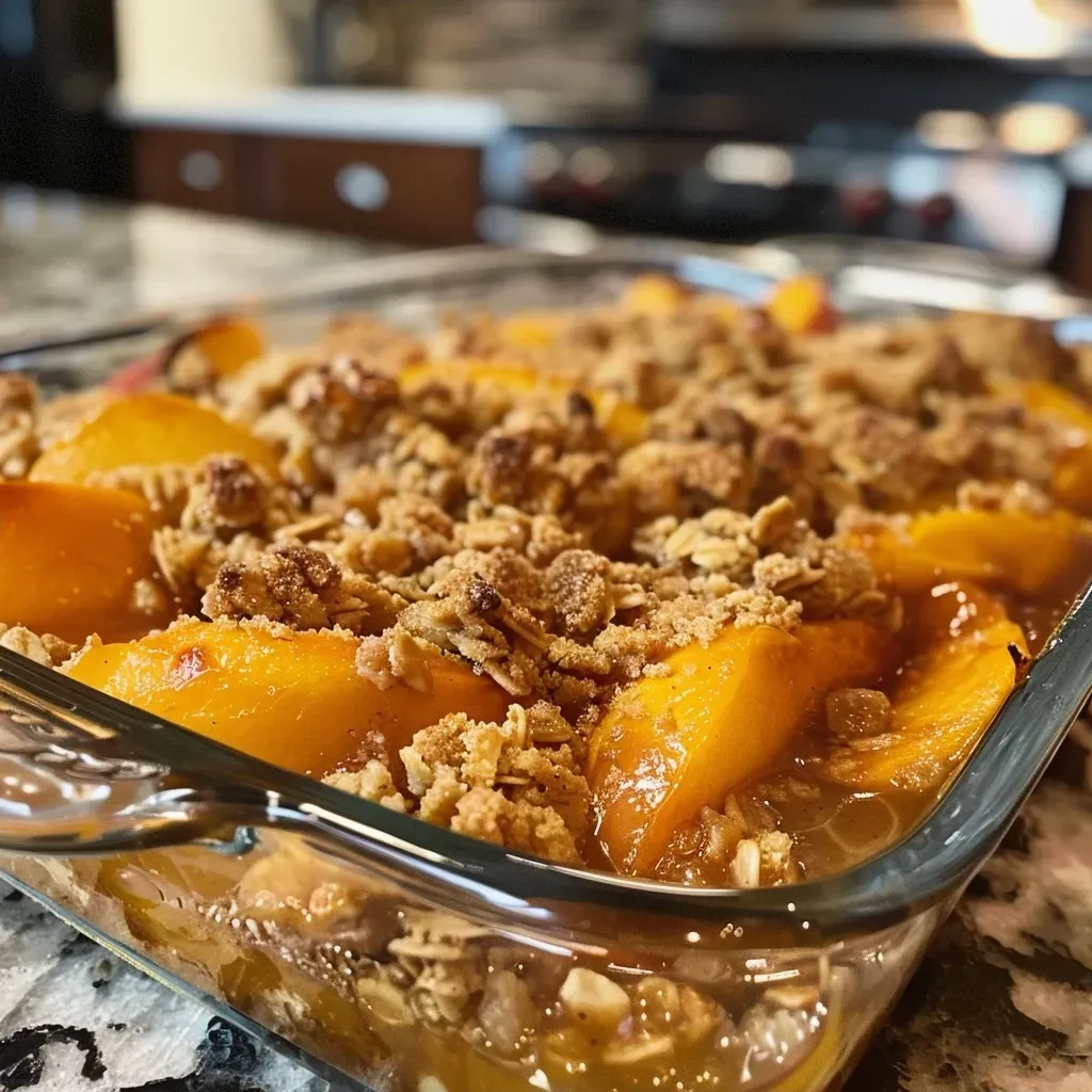 ['A close-up view of a peach crisp topped with a crunchy oat almond streusel.', 'Side view of a freshly baked peach crisp with a golden-brown topping.', 'Juicy peach crisp in a dish, showcasing its crumbly oat almond crust.', 'Detail shot of peach dessert with a textured streusel topping and peach slices.']