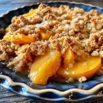 ['A close-up view of a baked peach crumble in a skillet, topped with a golden oat crust.', 'Juicy peach crumble in a skillet, showcasing the glistening fruit underneath a crumbly topping.', 'A side view of a delicious peach crumble, highlighting the texture of the crust and sliced peaches.', 'An iPhone shot of a peach crumble in a skillet, displaying the golden-brown topping and warm fruit.']
