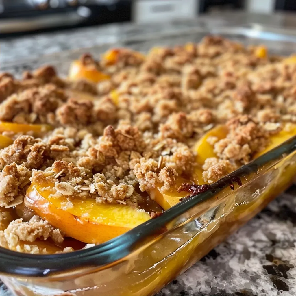 ['A close-up view of a baked peach crumble in a skillet, topped with a golden oat crust.', 'Juicy peach crumble in a skillet, showcasing the glistening fruit underneath a crumbly topping.', 'A side view of a delicious peach crumble, highlighting the texture of the crust and sliced peaches.', 'An iPhone shot of a peach crumble in a skillet, displaying the golden-brown topping and warm fruit.']