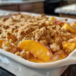 ['Close-up of a freshly baked Peach Crumble showcasing golden-brown topping and juicy peaches.', 'Side view of a delicious Peach Crumble with a crispy crust and visible fruit filling.', 'A tempting slice of Peach Crumble highlighting its crumbly texture and baked peaches.', "Close-up detail of Peach Crumble's crust and peach slices, emphasizing its inviting appearance."]