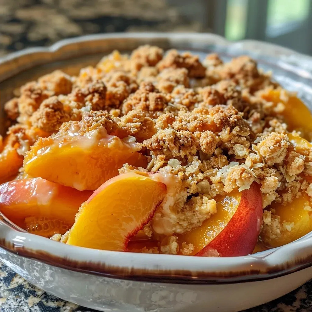 ['Close-up of a freshly baked Peach Crumble showcasing golden-brown topping and juicy peaches.', 'Side view of a delicious Peach Crumble with a crispy crust and visible fruit filling.', 'A tempting slice of Peach Crumble highlighting its crumbly texture and baked peaches.', 