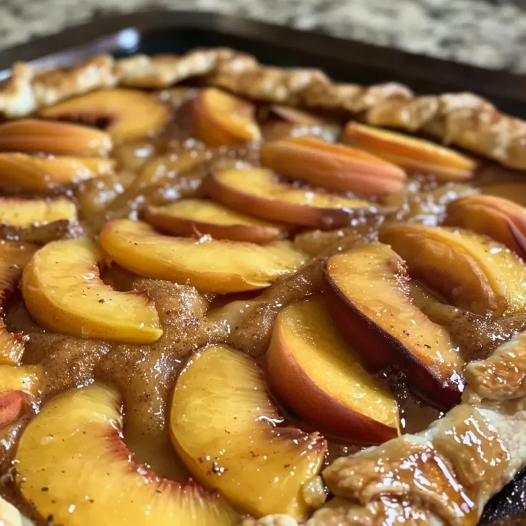 ['Close-up view of a juicy Peach Galette with golden crust and sliced peaches.', 'Side angle of a freshly baked Peach Galette, showcasing flaky pastry and ripe peach filling.', 'Delicious Peach Galette with a rustic appearance, featuring a golden crust and caramelized peaches.', 'Vibrant Peach Galette displaying thick peach slices and a dusting of sugar on top.']