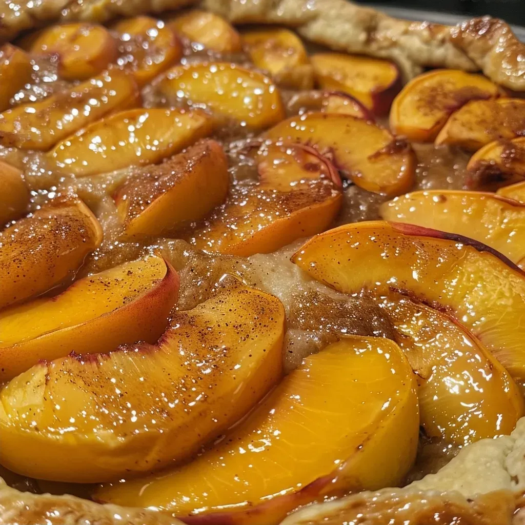 ['Close-up view of a juicy Peach Galette with golden crust and sliced peaches.', 'Side angle of a freshly baked Peach Galette, showcasing flaky pastry and ripe peach filling.', 'Delicious Peach Galette with a rustic appearance, featuring a golden crust and caramelized peaches.', 'Vibrant Peach Galette displaying thick peach slices and a dusting of sugar on top.']