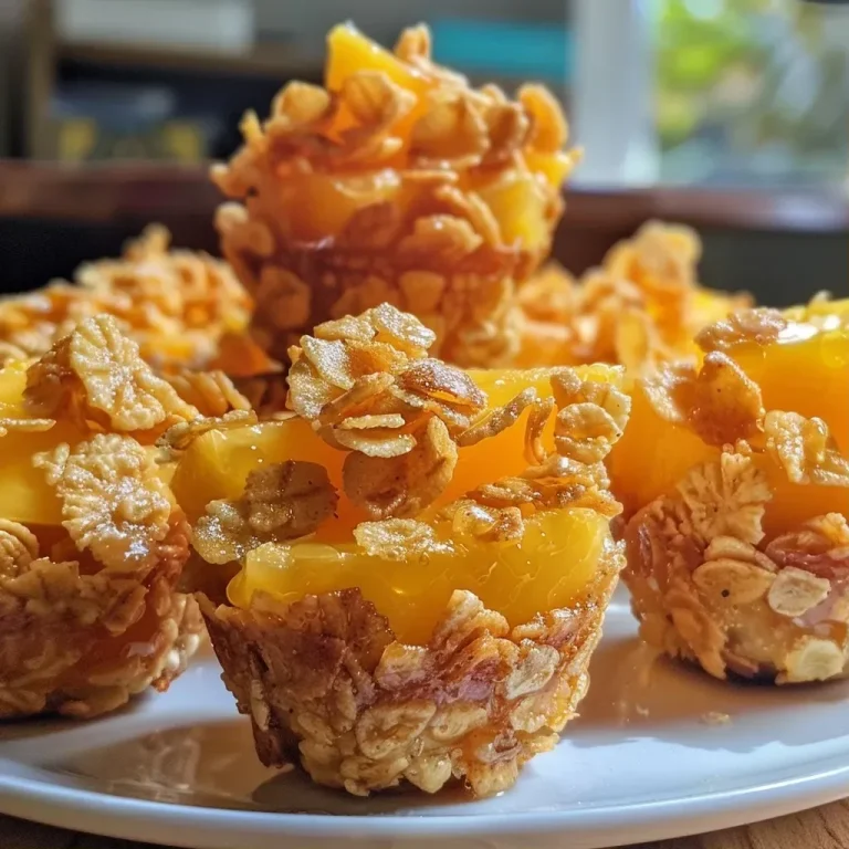 ['Close-up view of Peach Honey Cornflake Crunch Cups, featuring golden cornflakes and diced peaches.', 'A delicious side view of crunchy cornflake cups filled with peach and honey.', 'Juicy Peach Honey Cornflake Crunch Cups on a plate, highlighting the texture of the cornflakes and fruit.', 'Vibrant image of Peach Honey Cornflake Crunch Cups, showcasing their inviting colors and crunchy toppings.']