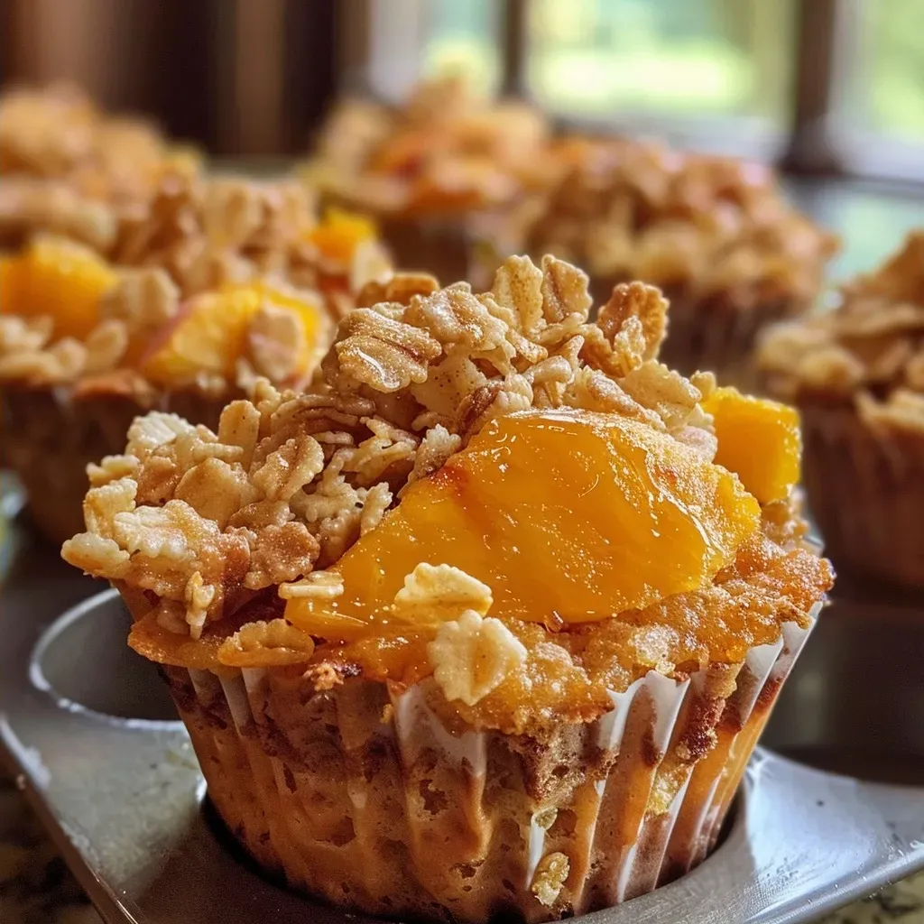['Close-up view of Peach Honey Cornflake Crunch Cups, featuring golden cornflakes and diced peaches.', 'A delicious side view of crunchy cornflake cups filled with peach and honey.', 'Juicy Peach Honey Cornflake Crunch Cups on a plate, highlighting the texture of the cornflakes and fruit.', 'Vibrant image of Peach Honey Cornflake Crunch Cups, showcasing their inviting colors and crunchy toppings.']
