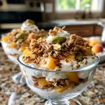 ['A close-up view of layered peach parfait in a glass cup.', 'Side view of a peach parfait showcasing layers of yogurt and fruit.', 'Delicious peach parfait with granola and pistachios on top.', 'A vibrant peach parfait featuring diced peaches and creamy yogurt.']