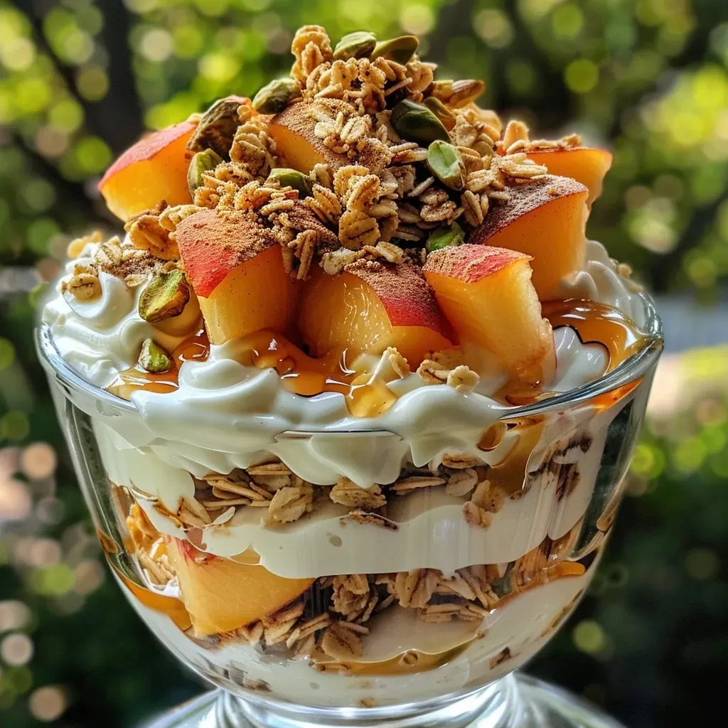 ['A close-up view of layered peach parfait in a glass cup.', 'Side view of a peach parfait showcasing layers of yogurt and fruit.', 'Delicious peach parfait with granola and pistachios on top.', 'A vibrant peach parfait featuring diced peaches and creamy yogurt.']