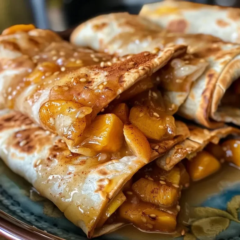 ['Close-up of golden-brown Peach Pies Tortilla Rolls filled with peach filling.', 'Side view of crispy tortilla rolls showcasing juicy peach pie filling.', 'Appetizing display of peach-filled tortilla rolls topped with a sprinkle of cinnamon.', 'Freshly made Peach Pies Tortilla Rolls arranged on a rustic wooden board.']