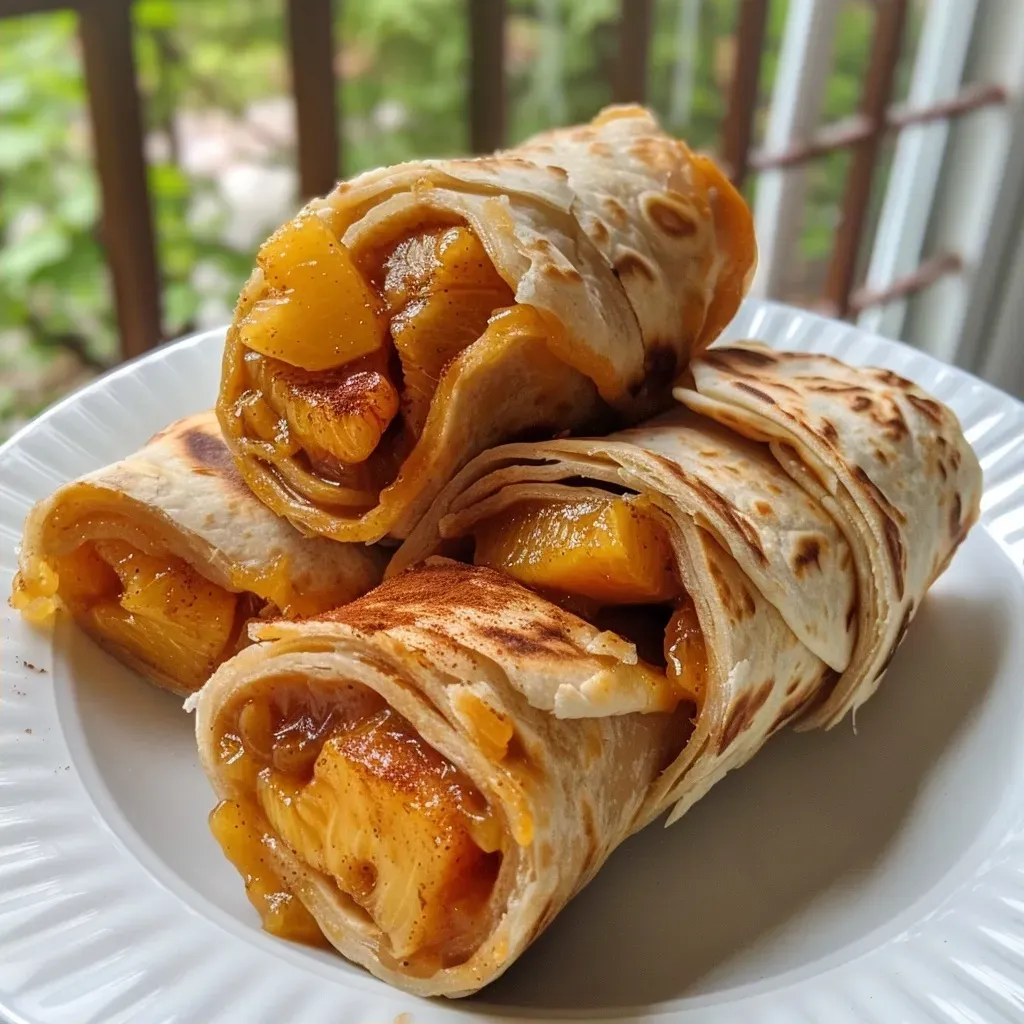['Close-up of golden-brown Peach Pies Tortilla Rolls filled with peach filling.', 'Side view of crispy tortilla rolls showcasing juicy peach pie filling.', 'Appetizing display of peach-filled tortilla rolls topped with a sprinkle of cinnamon.', 'Freshly made Peach Pies Tortilla Rolls arranged on a rustic wooden board.']