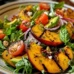 ['Close-up view of a vibrant peach salad with cucumber, shallots, and mint.', 'Juicy peach salad displayed with thin cucumber slices and a drizzle of honey.', 'Freshly prepared peach salad featuring bright orange peaches and green cucumber.', 'Colorful salad with sliced peaches, cucumber, and mint leaves, in a bowl.']