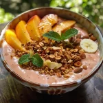 ['Close-up of a vibrant peach smoothie bowl topped with granola and honey.', 'Side view of a creamy peach smoothie bowl garnished with fresh peach slices and mint.', 'A delicious peach smoothie bowl featuring a mix of granola and colorful toppings.', 'Juicy peach smoothie bowl adorned with chia seeds and almond slices.']