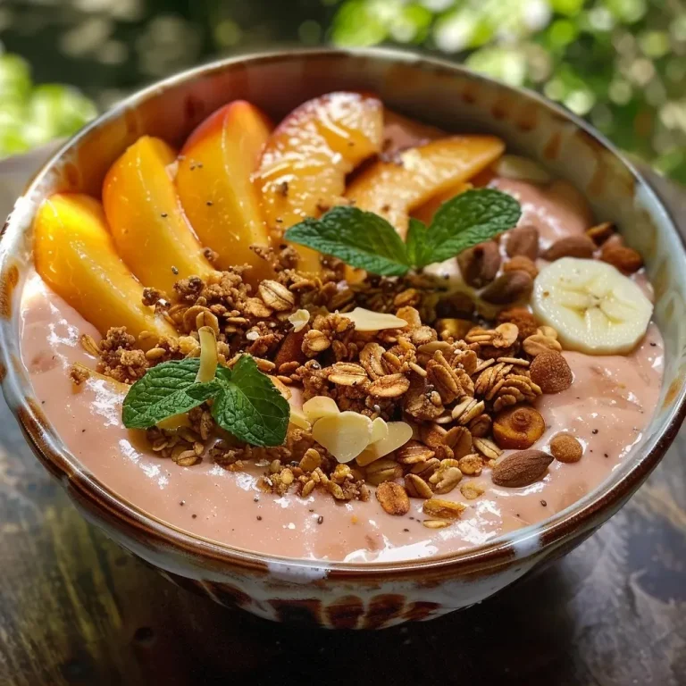 ['Close-up of a vibrant peach smoothie bowl topped with granola and honey.', 'Side view of a creamy peach smoothie bowl garnished with fresh peach slices and mint.', 'A delicious peach smoothie bowl featuring a mix of granola and colorful toppings.', 'Juicy peach smoothie bowl adorned with chia seeds and almond slices.']