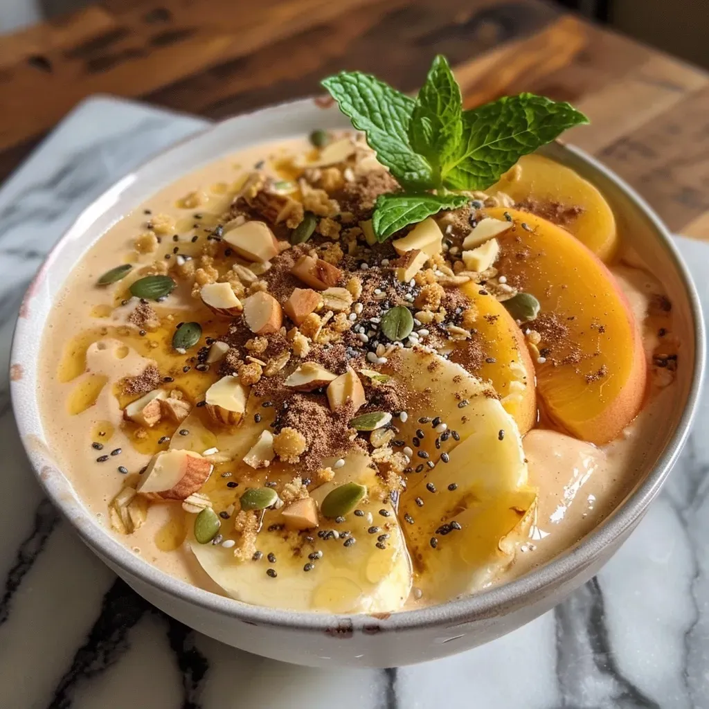 ['Close-up of a vibrant peach smoothie bowl topped with granola and honey.', 'Side view of a creamy peach smoothie bowl garnished with fresh peach slices and mint.', 'A delicious peach smoothie bowl featuring a mix of granola and colorful toppings.', 'Juicy peach smoothie bowl adorned with chia seeds and almond slices.']