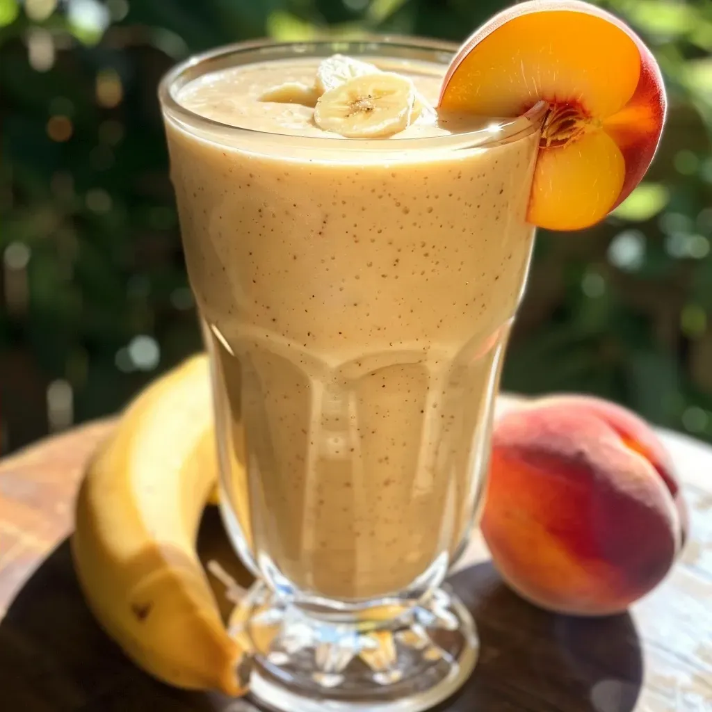 ['A close-up view of a peach smoothie in a glass, showcasing its creamy texture and garnished with a peach slice.', 'Side view of a refreshing peach smoothie, highlighting the vibrant orange color and thick consistency in a clear glass.', 'A peach smoothie made with frozen peaches and yogurt, presented in a glass with a straw, against a soft focus background.', 'A delicious-looking peach smoothie with a thick frothy top, served in a glass and decorated with fresh peach slices.']